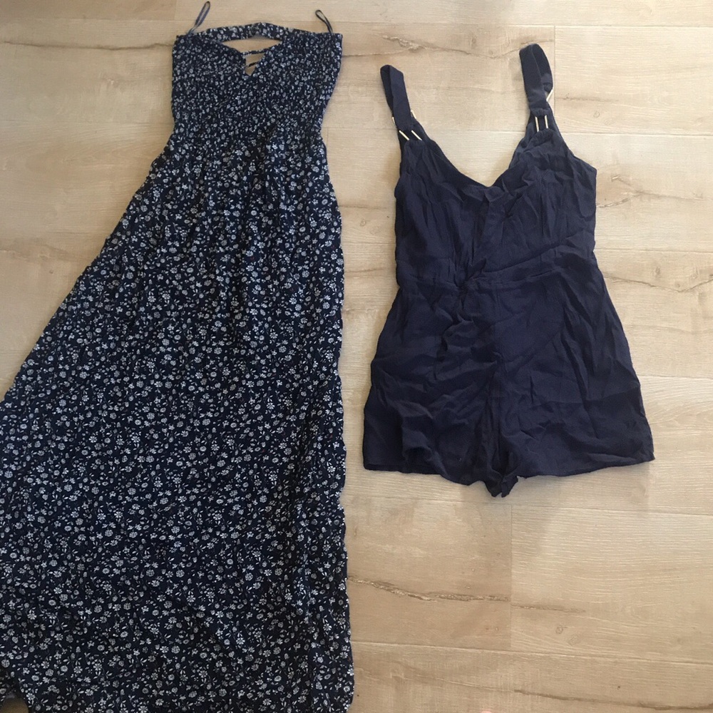 Floral long dress strapless and romper navy blue